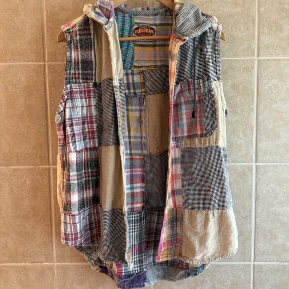 Vintage 90s Paragraff Vest Mens M Plaid Patchwork Flannel Hooded Button Grunge - Picture 3 of 10